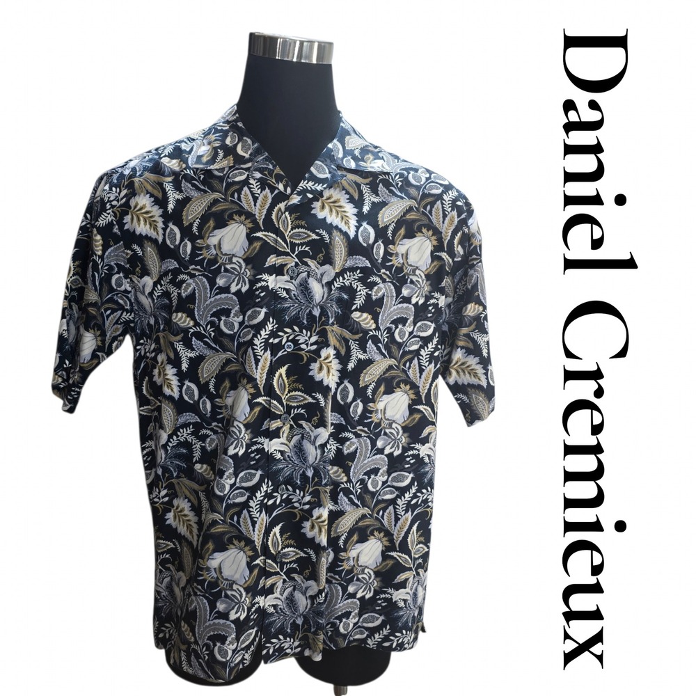 Daniel Cremieux Shirt Mens Large Black Cotton Lyocell Floral Camp Paisley Luxury